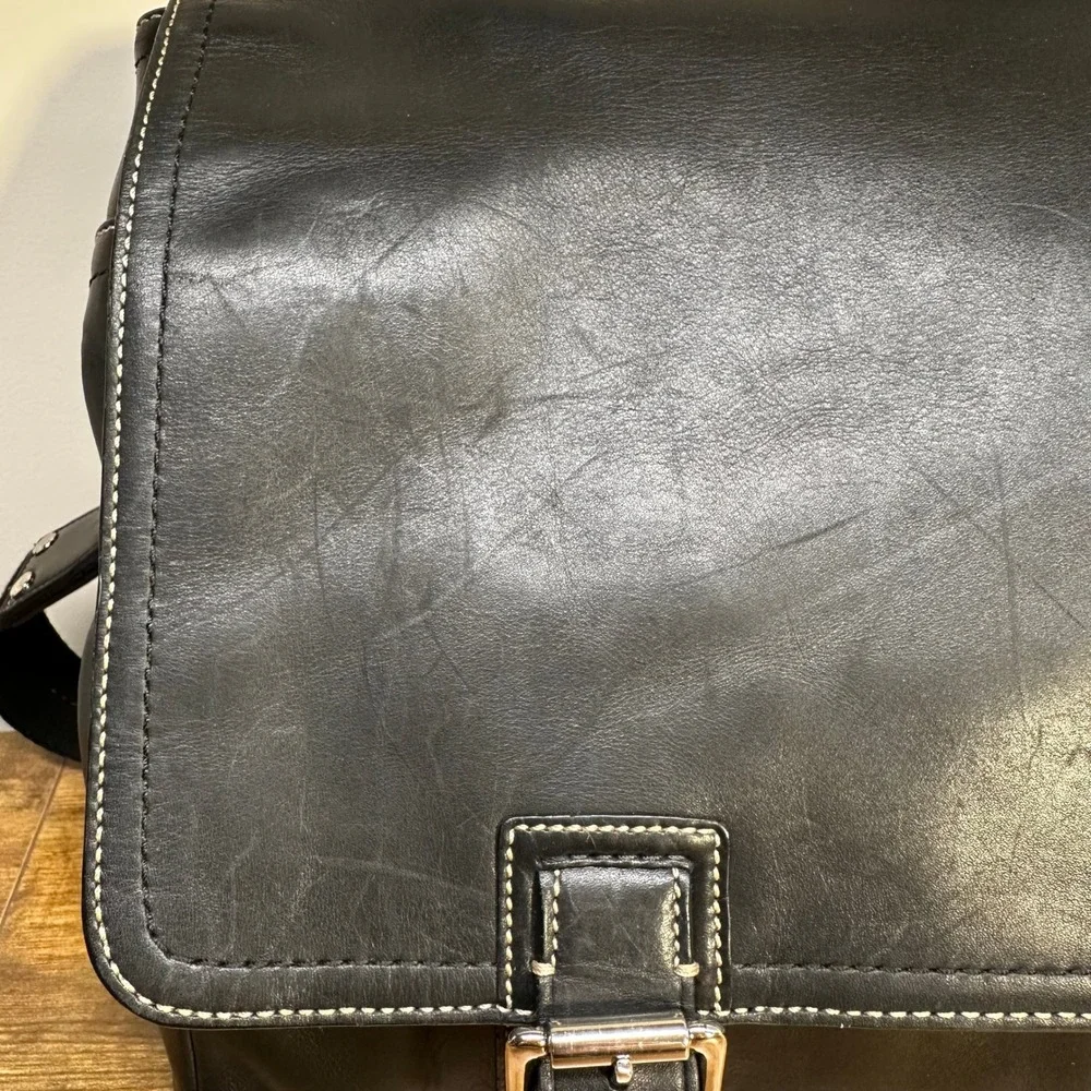 Coach Mens Black Leather Messenger Bag Briefcase White Stitching Silver Hardware - Picture 3 of 16